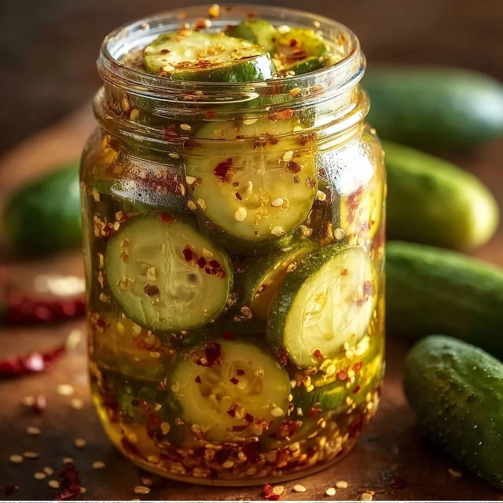 Jar of spicy pickles showcasing vibrant green cucumbers and red chili peppers