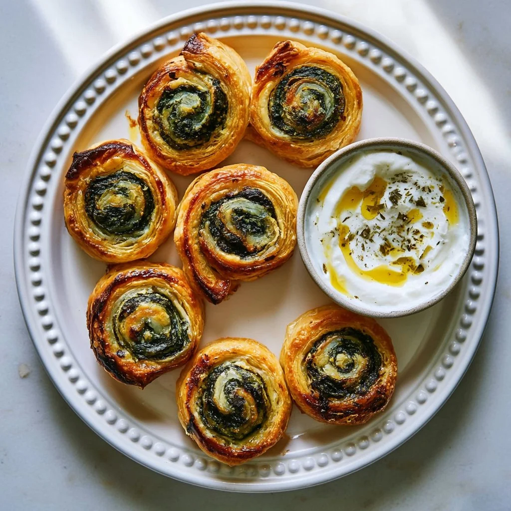 Spinach and Feta Pinwheels on a platter ready to serve