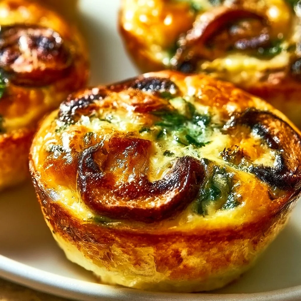 Spinach and mushroom quiche muffins presented on a plate