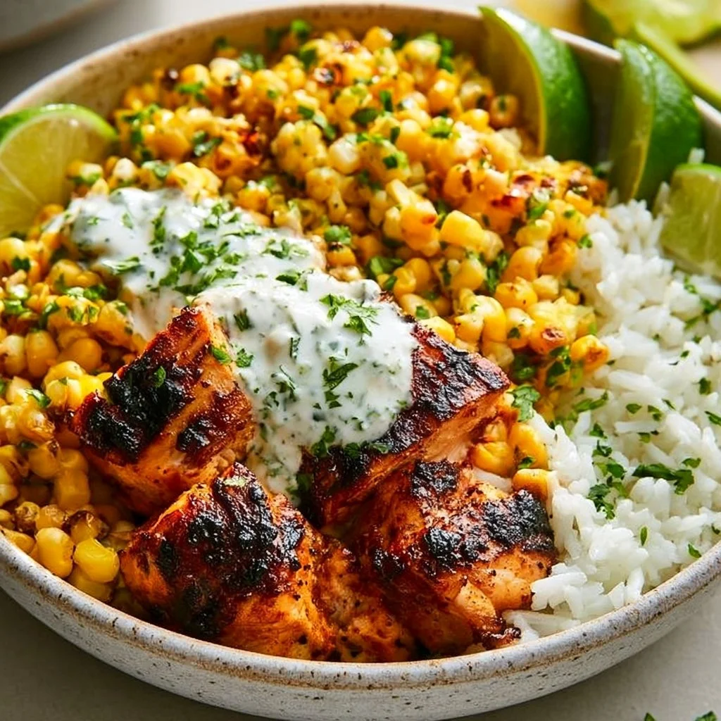 Delicious Street Corn Chicken Bowl with chicken and corn toppings