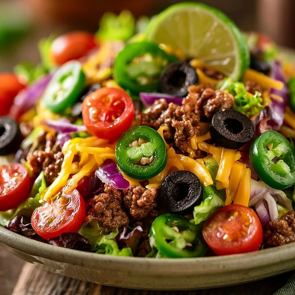 Vibrant taco salad with fresh ingredients, including lettuce, tomatoes, and taco meat.