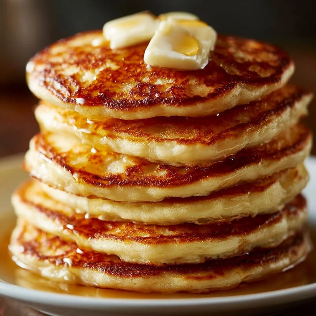 Delicious stack of traditional pancakes topped with syrup and fruit