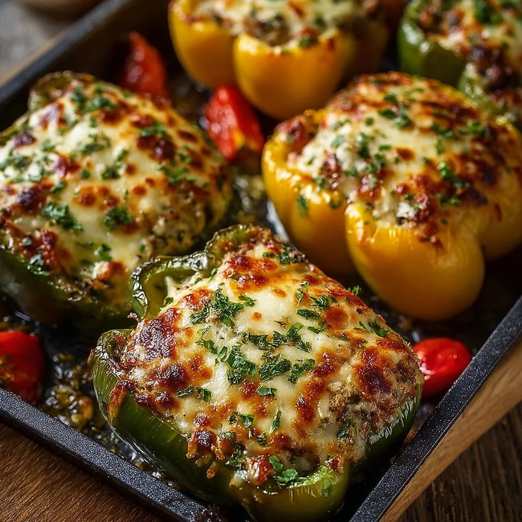 Colorful stuffed bell peppers filled with a delicious vegetarian mixture