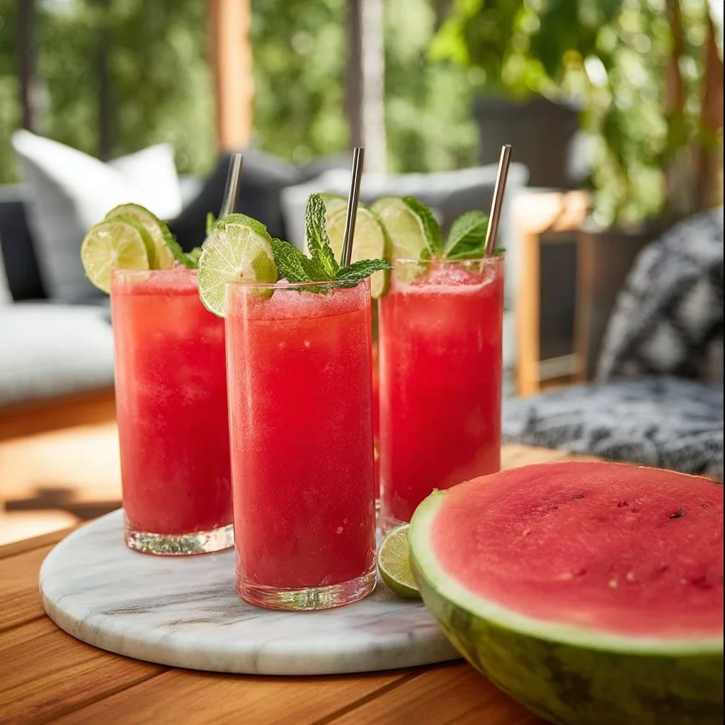 Refreshing watermelon slushie in a glass with ice and mint garnish