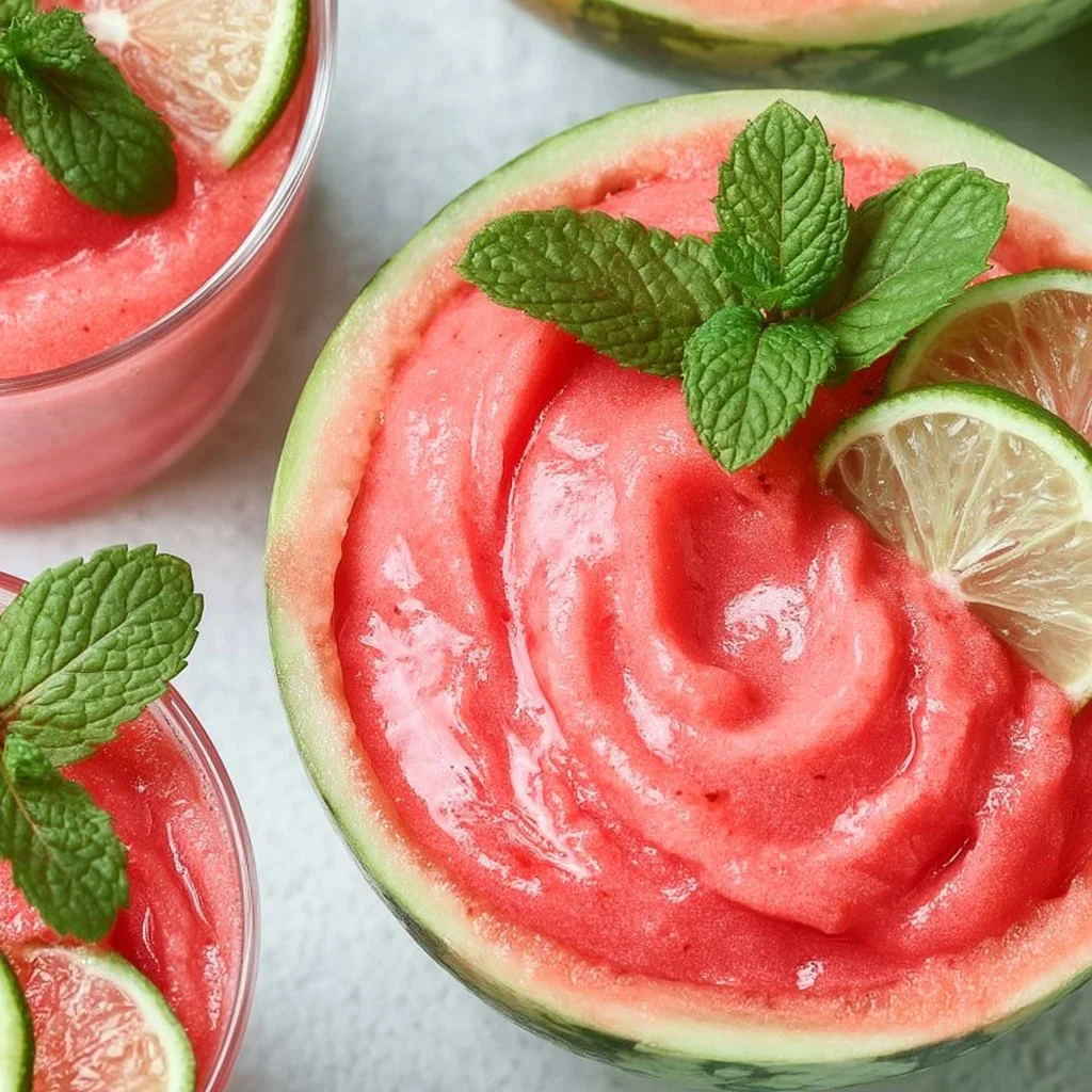 Delicious watermelon smoothie in a glass garnished with mint leaves