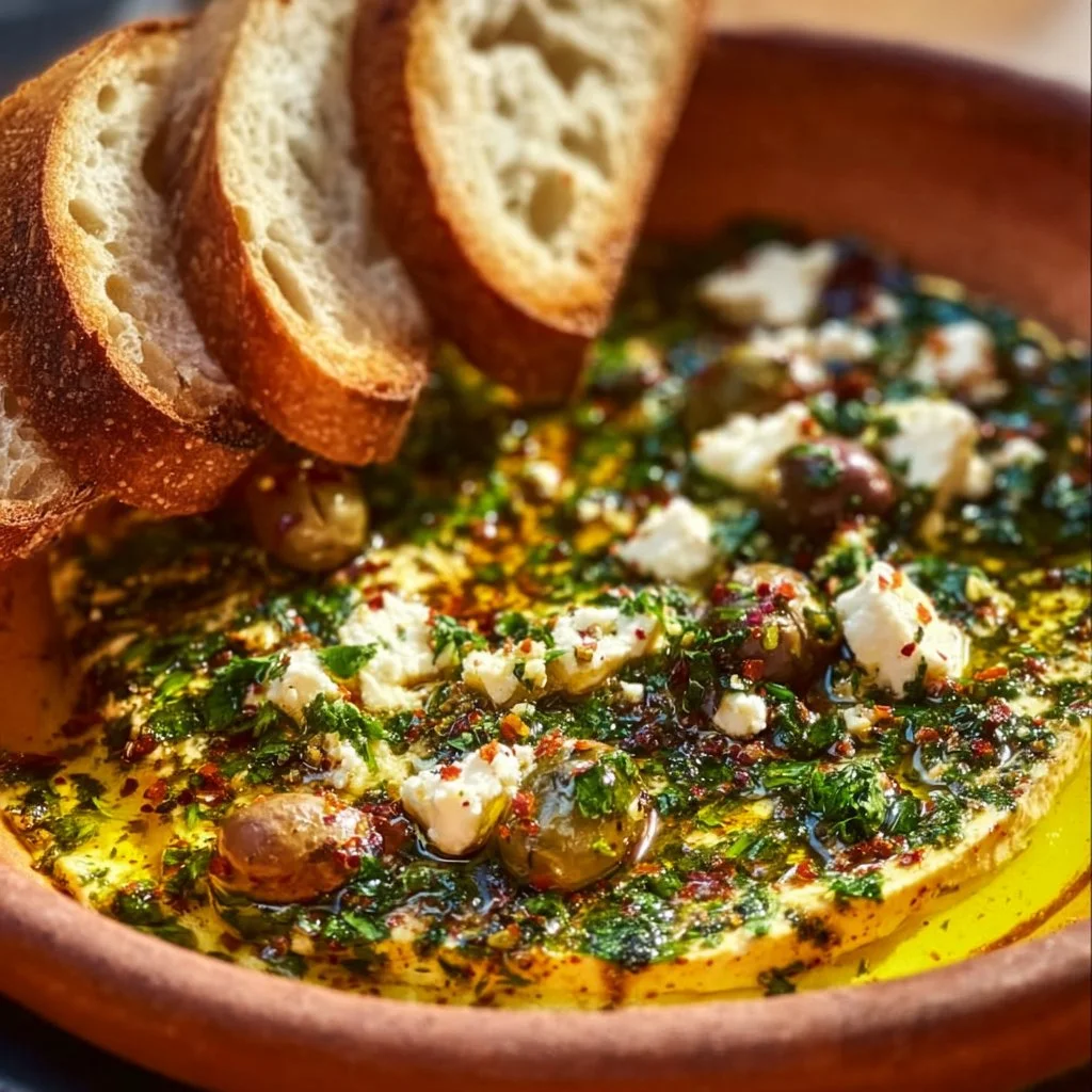 Zesty herb-infused feta olive oil dip with fresh herbs and spices