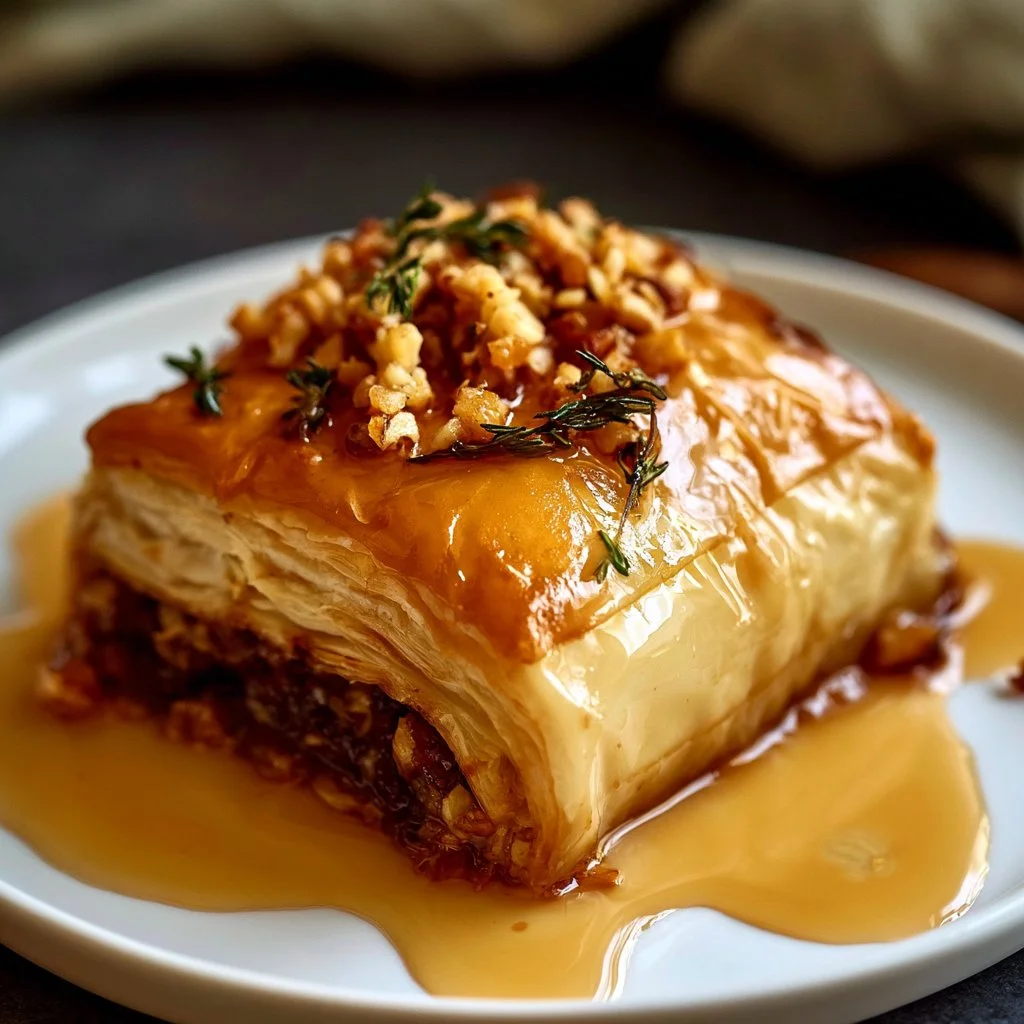 Baked Brie topped with figs and honey on a wooden serving board.