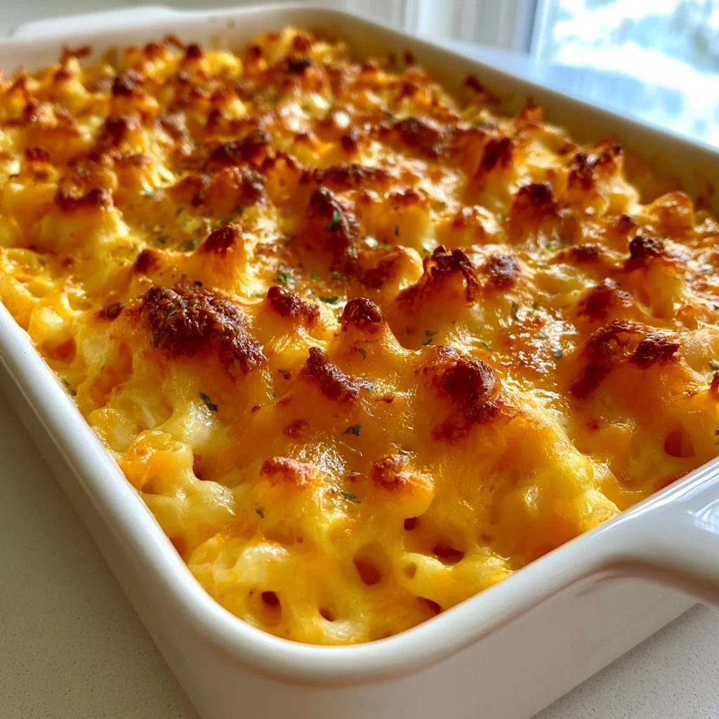 Creamy baked macaroni and cheese topped with golden breadcrumbs in a dish
