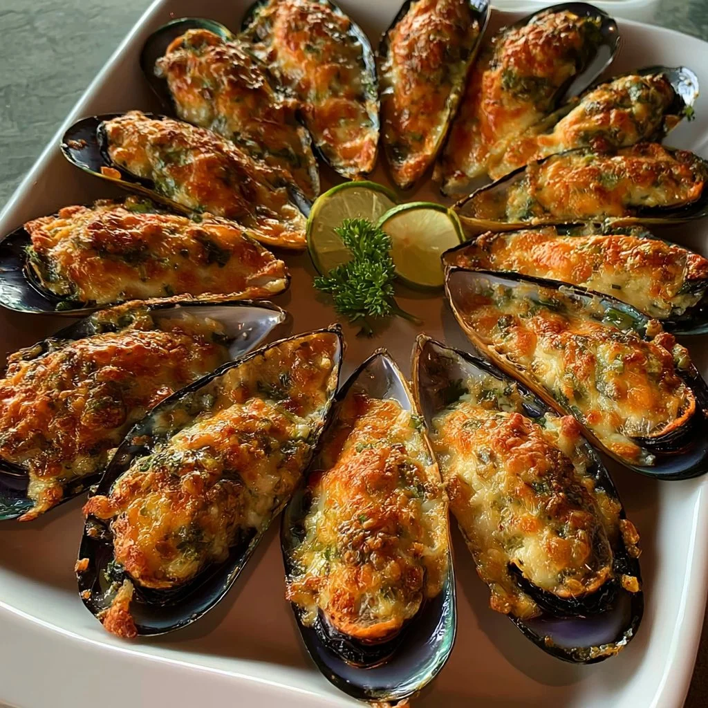 Delicious baked mussels topped with breadcrumbs and herbs