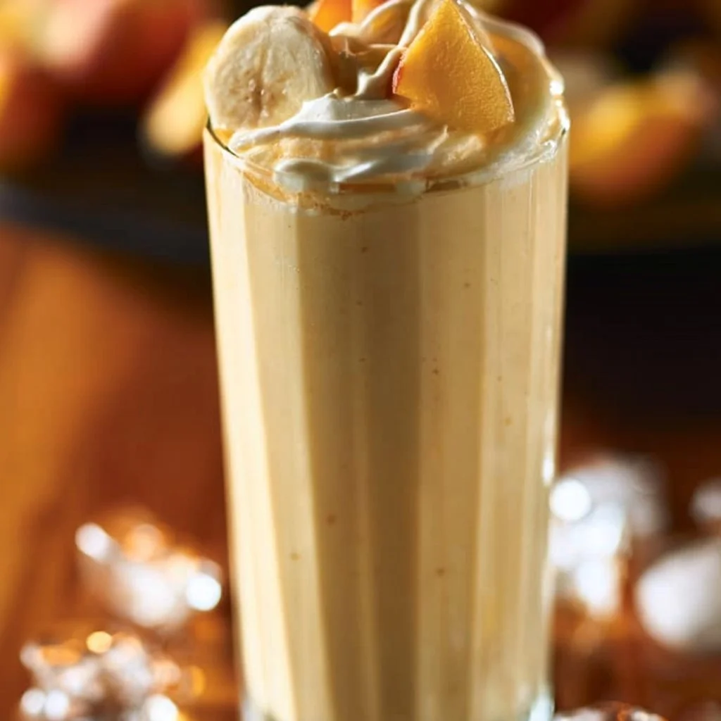 Delicious Banana Peach Smoothie in a glass with fresh fruit