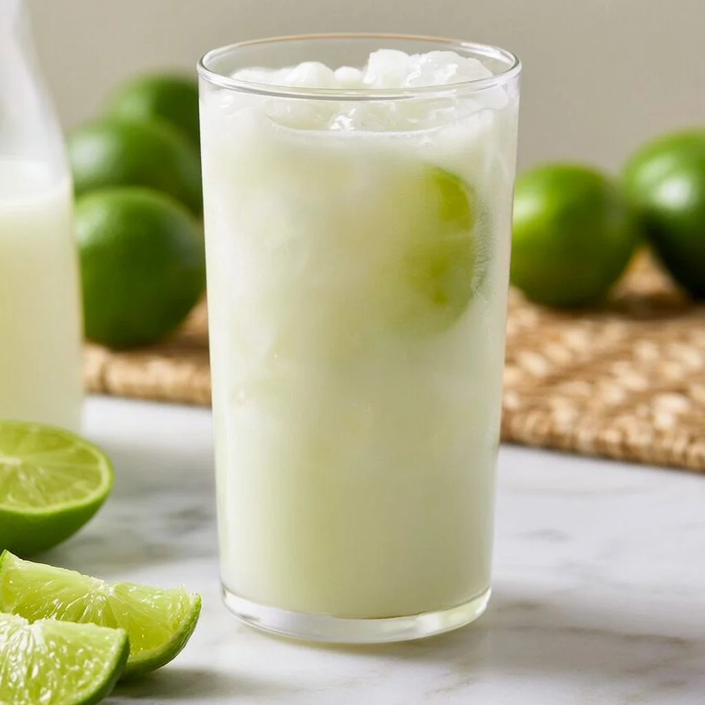 Delicious homemade Brazilian lemonade in a glass with fresh limes.