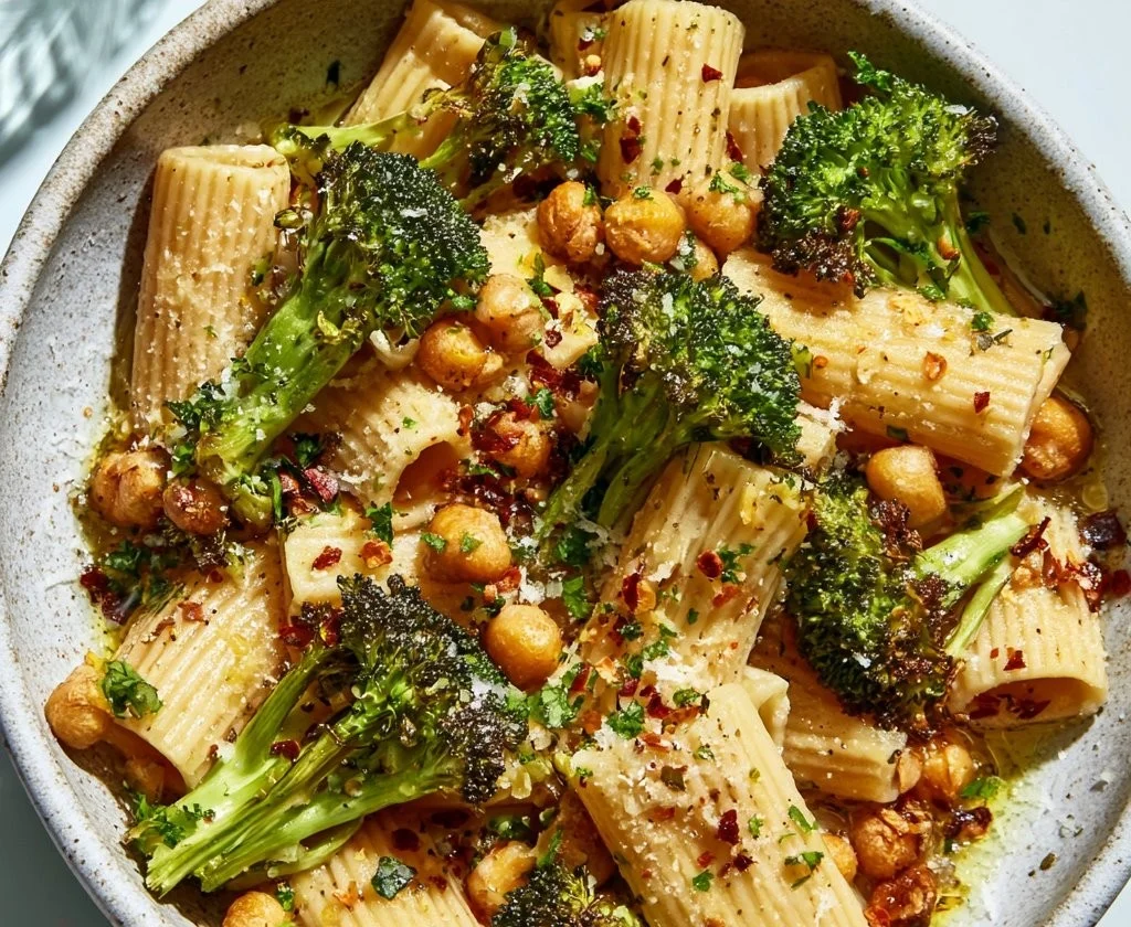 Plate of Broccoli Chickpea Pasta in Garlic Olive Oil garnished with herbs
