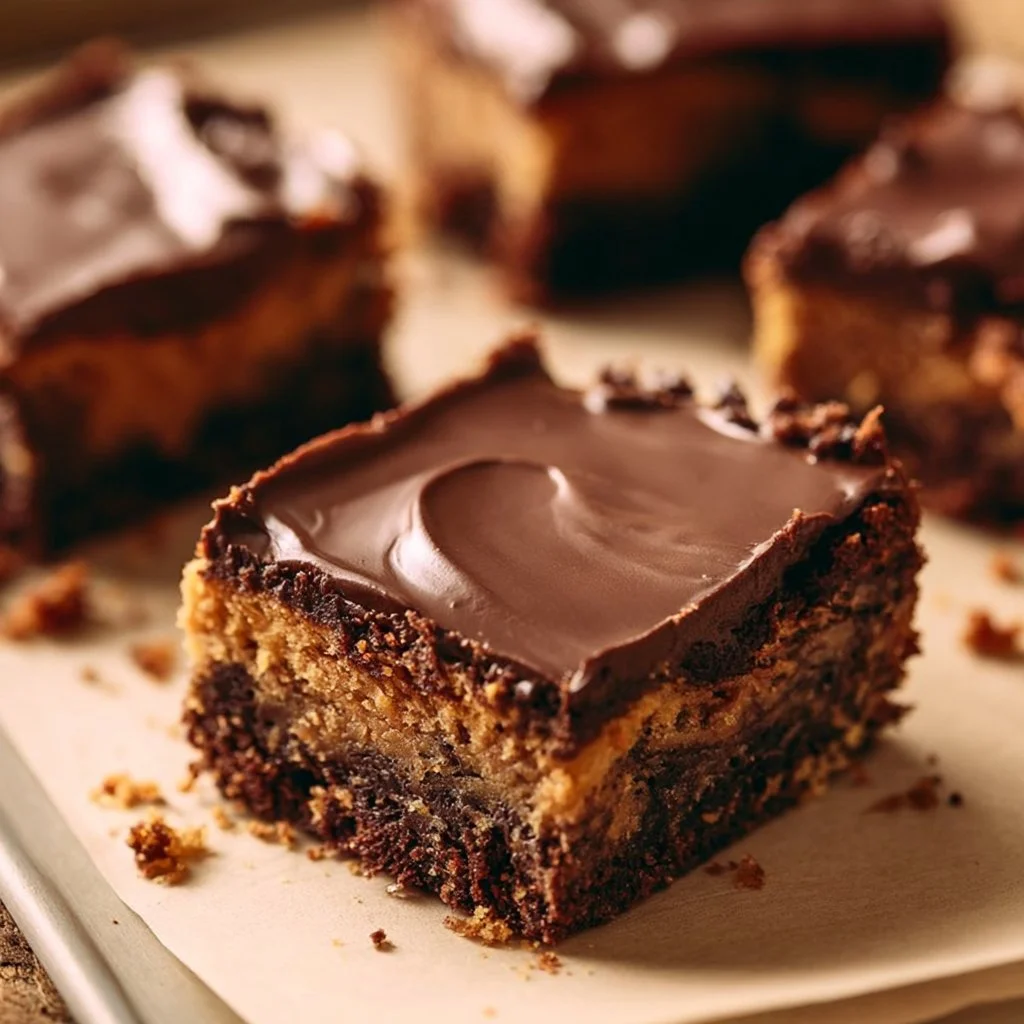 Delicious brownies topped with chocolate chip cookies on a plate