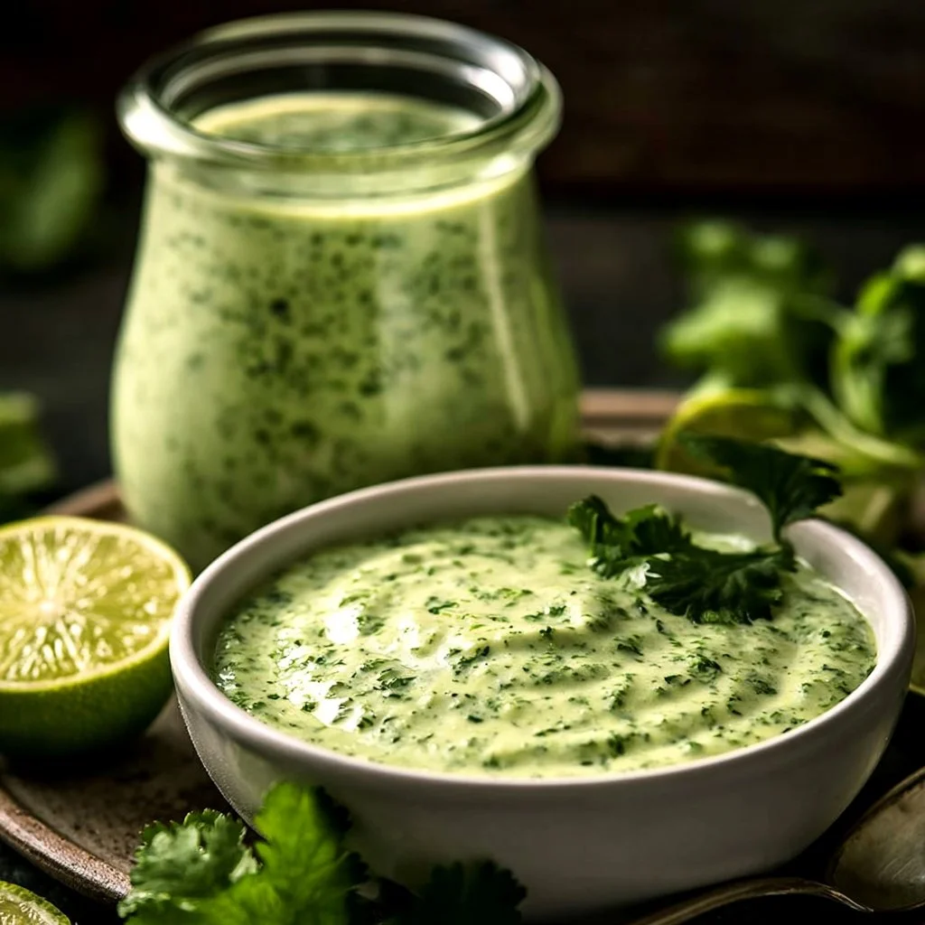 Fresh cilantro garlic sauce with jalapeños and limes in a bowl