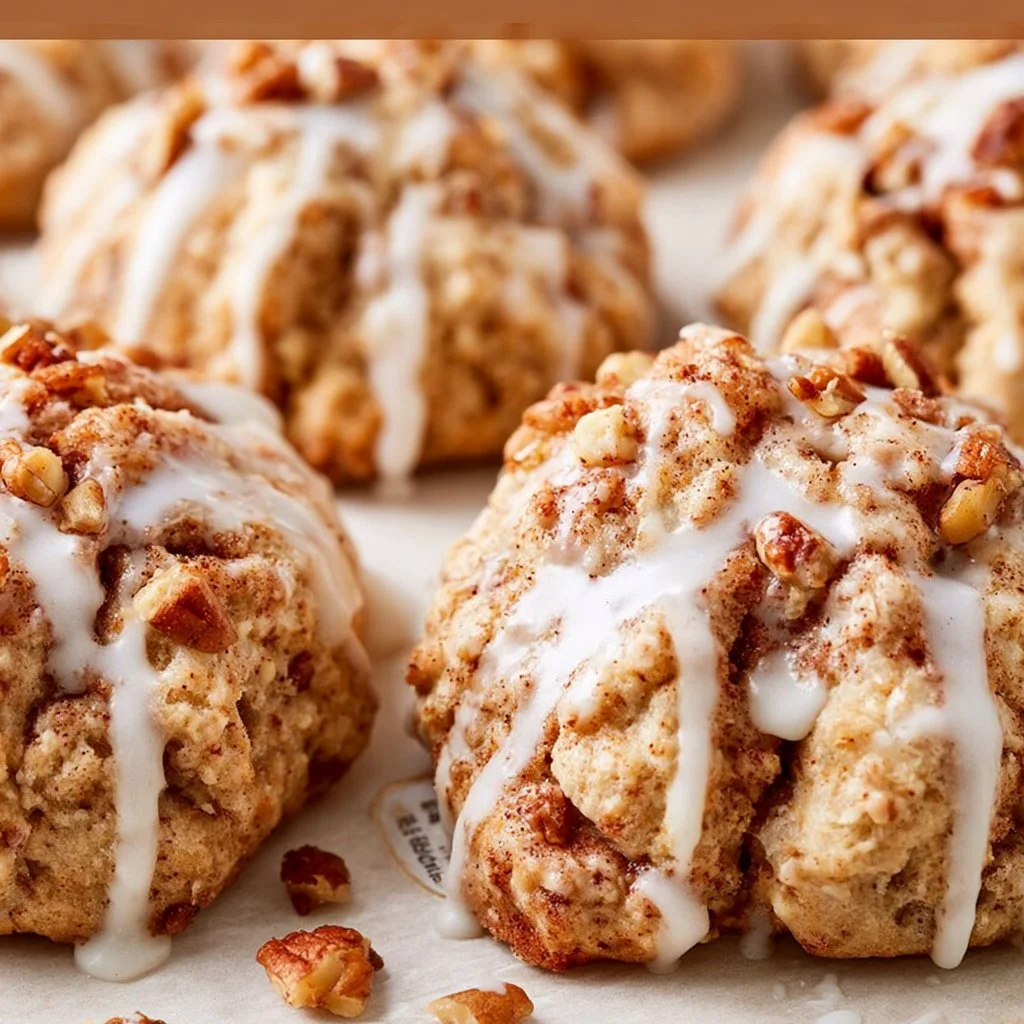 Freshly baked cinnamon bun scones drizzled with icing.