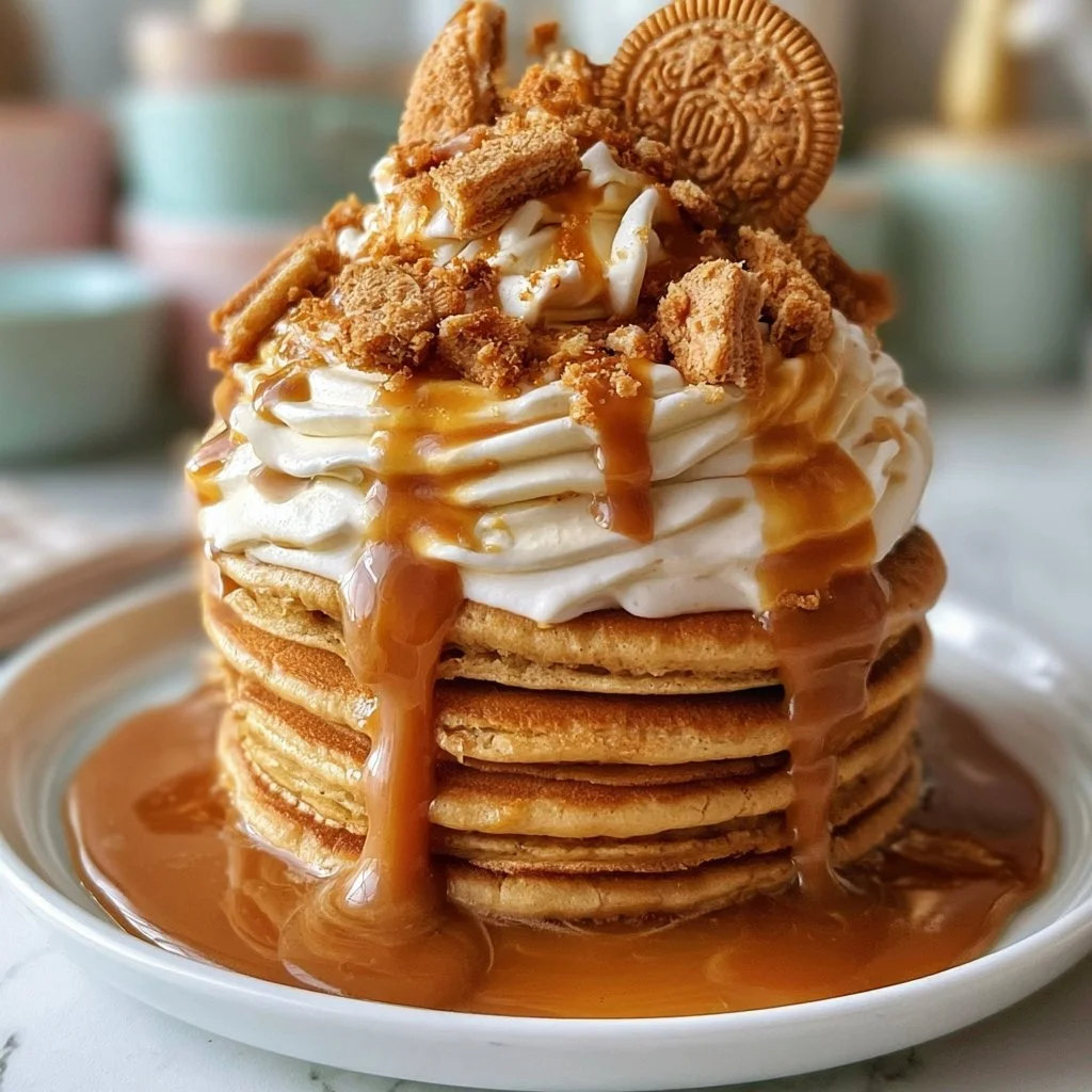 Delicious cookie butter pancakes with Biscoff sauce drizzled on top