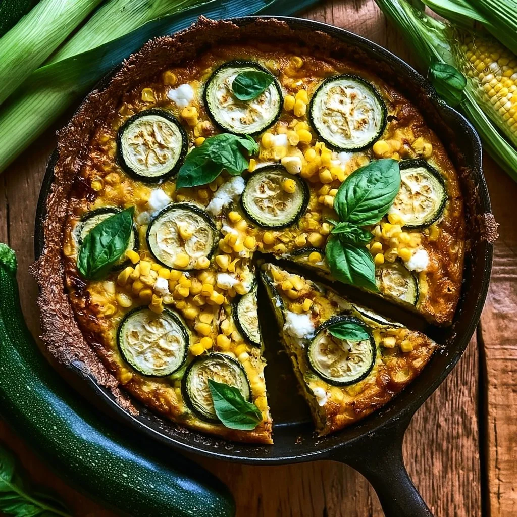 Corn and Zucchini Quiche served with fresh herbs on a wooden table