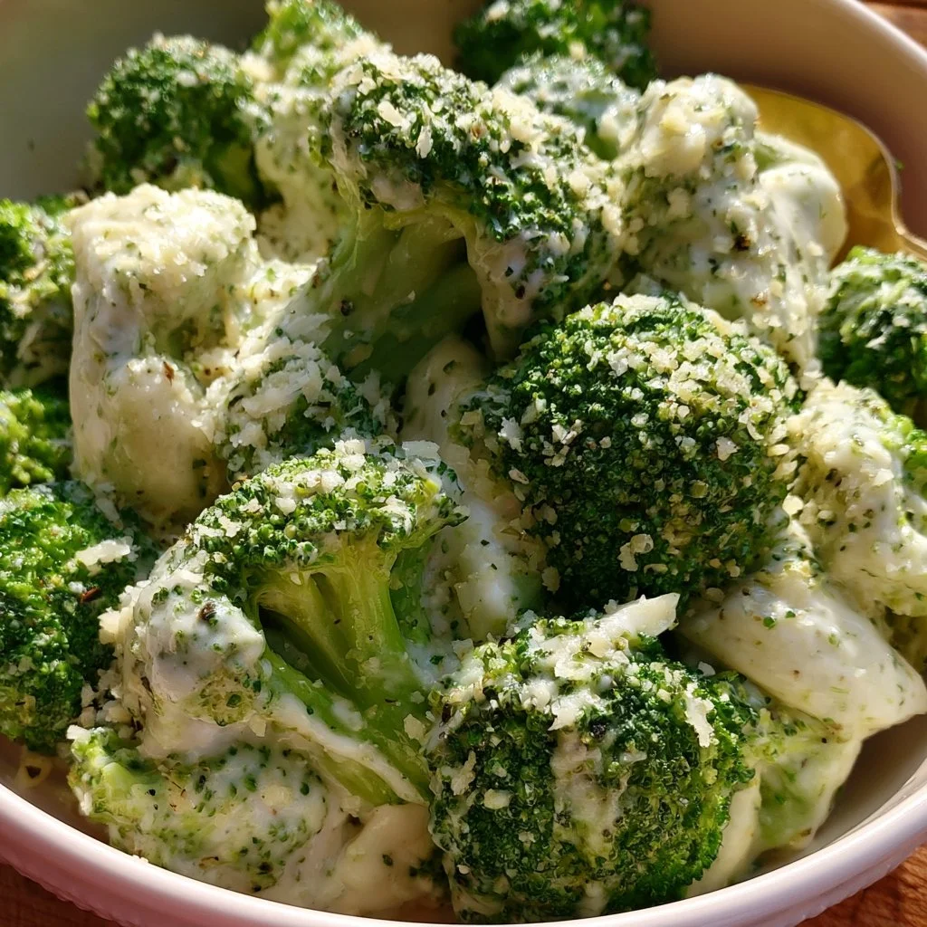 Creamy garlic parmesan broccoli dish served in a bowl