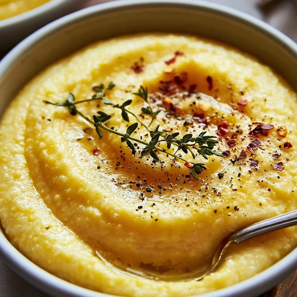 Creamy garlic parmesan polenta served in a bowl