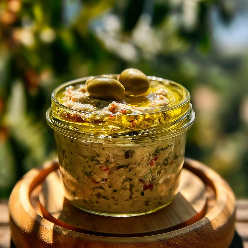 Creamy olive dip served in a bowl with herbs and crackers