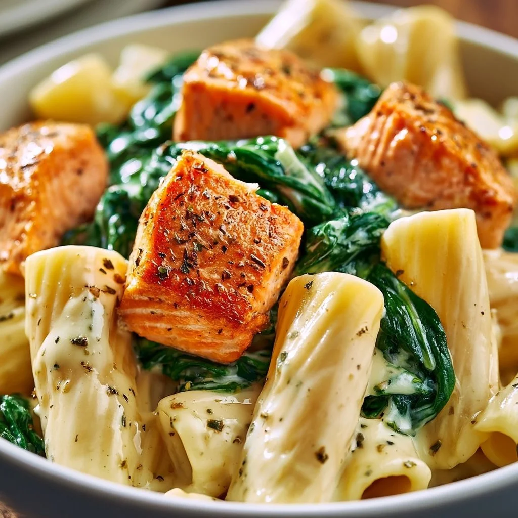 Creamy Salmon Pasta dish garnished with fresh herbs and lemon zest