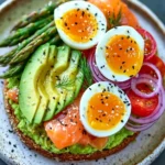 Crispy avocado toast topped with smoky salmon and asparagus.