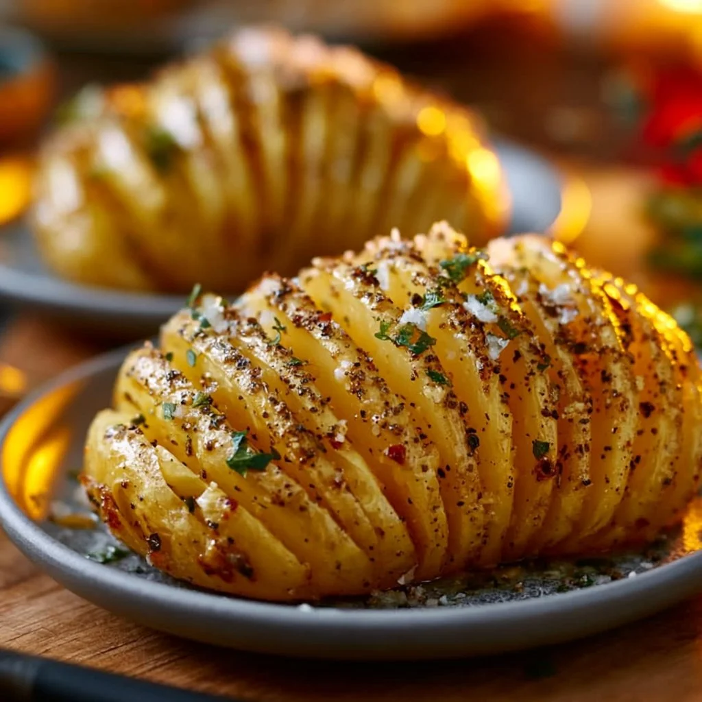 Plate of crispy garlic butter potatoes garnished with fresh herbs