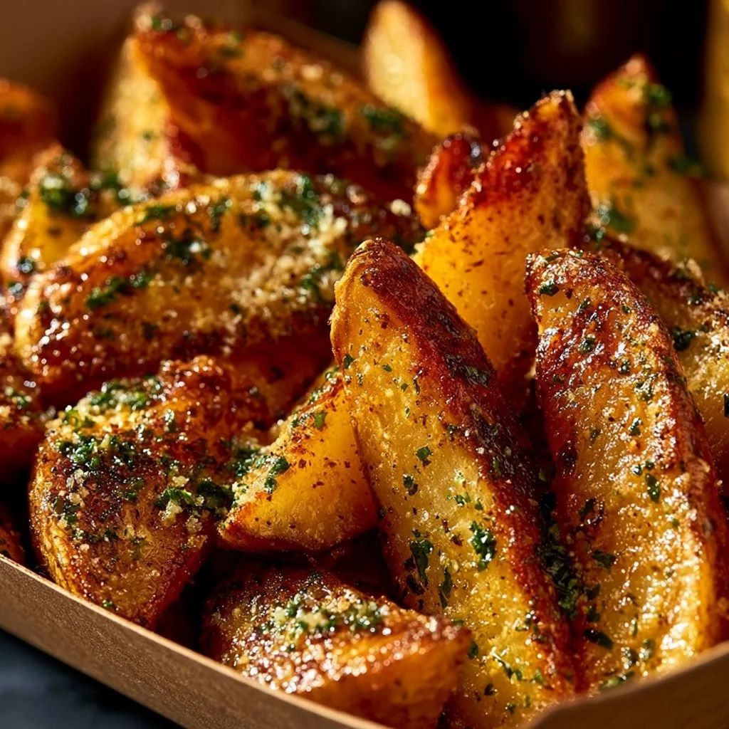 Delicious crispy potatoes with garlic butter on a serving platter