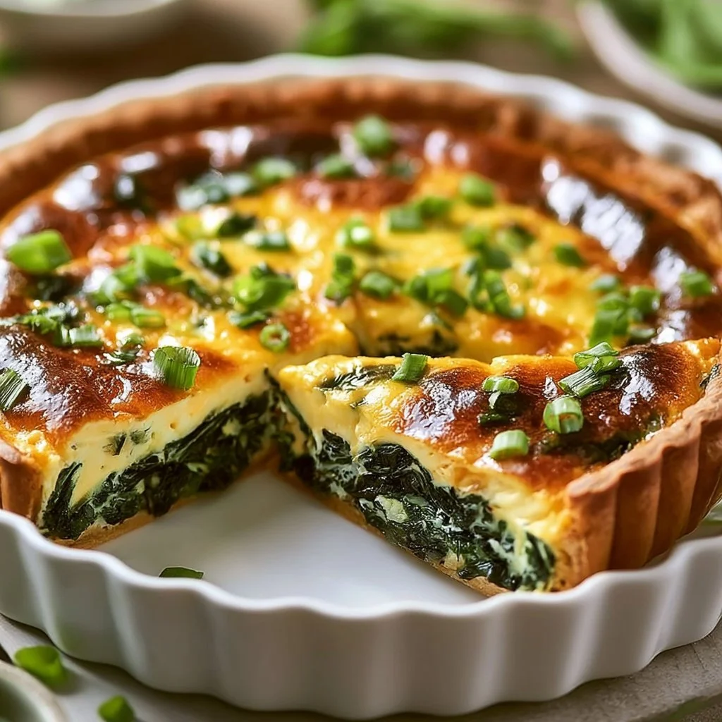 Delicious crustless spinach quiche served on a plate with fresh herbs.