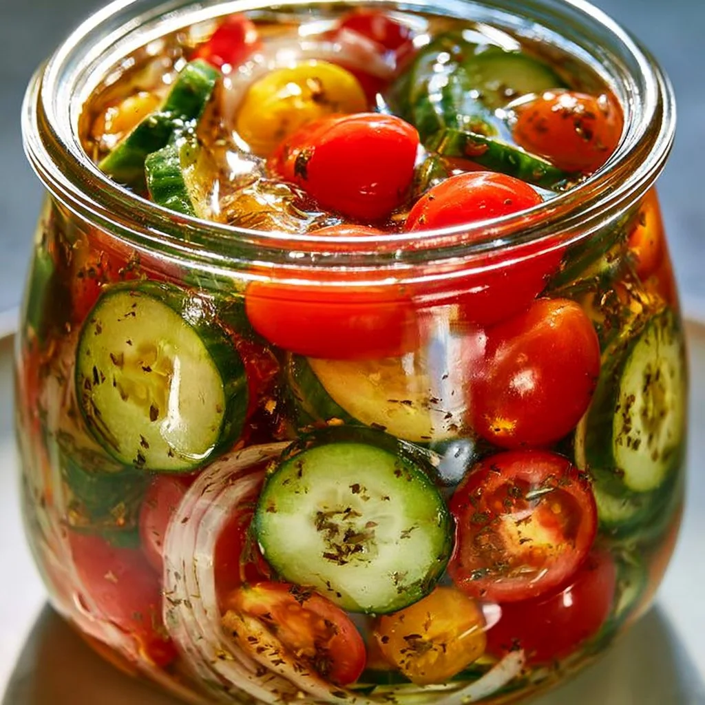 Jars of easy quick pickled garden vegetables on a kitchen counter