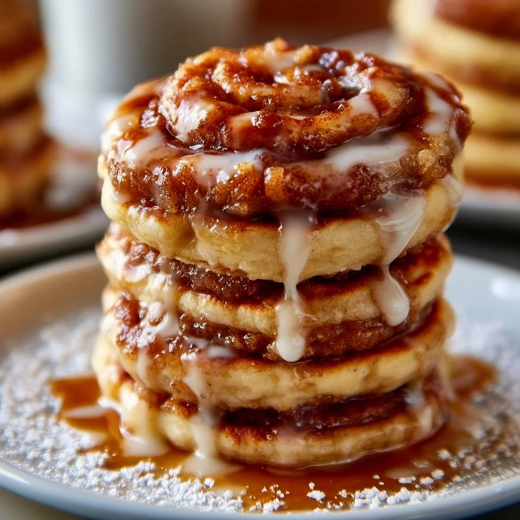 Delicious fluffy cinnamon roll pancakes stacked on a plate with icing.
