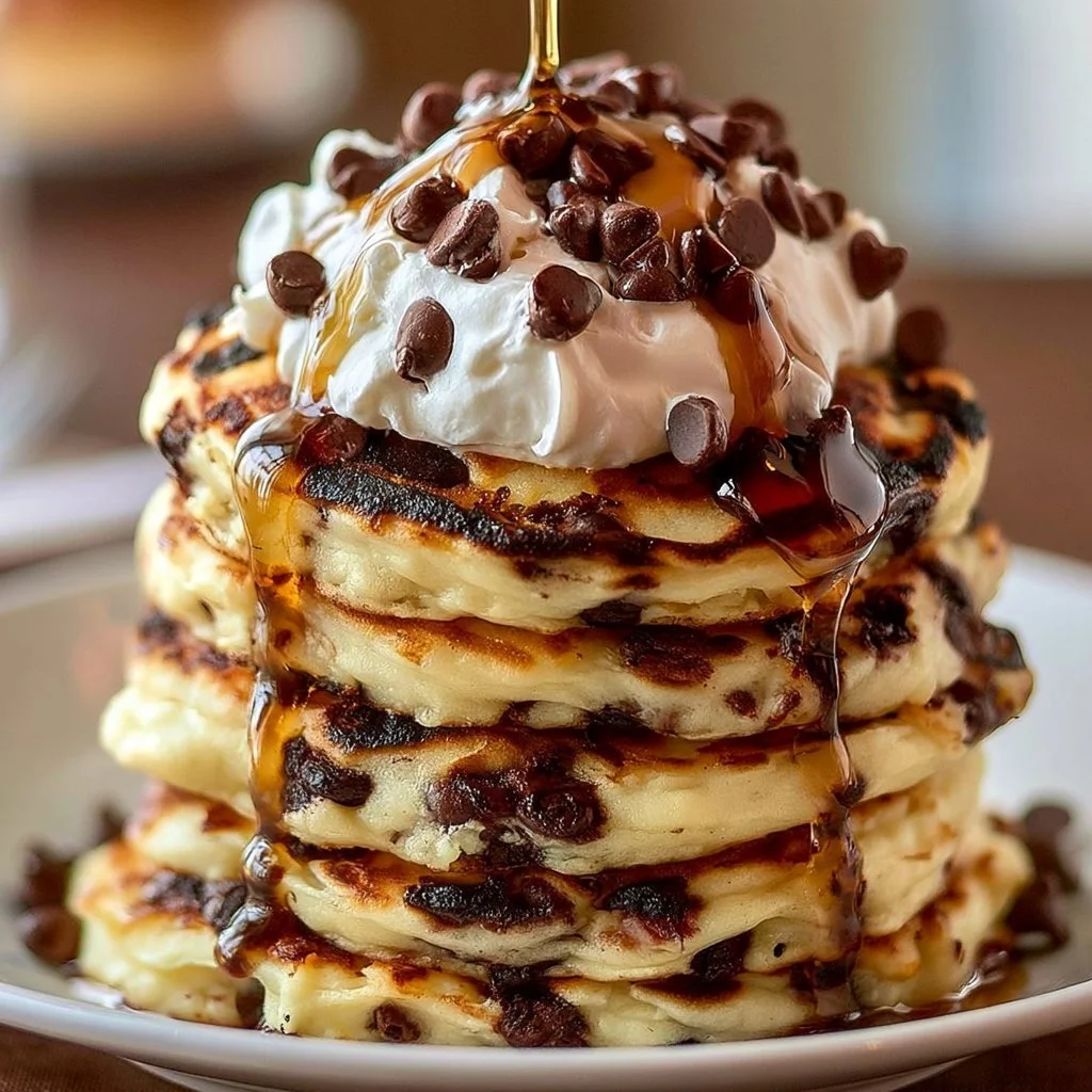 Fluffy pancakes with chocolate chips stacked on a plate