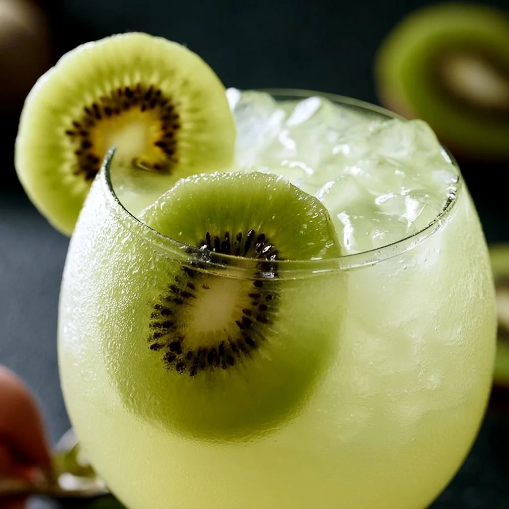 Glass of fresh kiwi lemonade with kiwi slices and lemon wedges