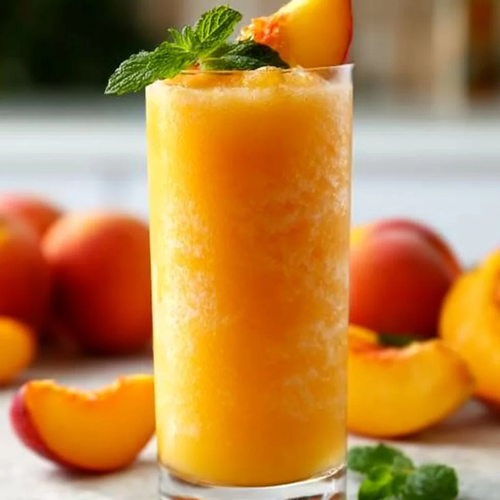 Delicious frozen peach daiquiri served in a cocktail glass with fresh peaches.