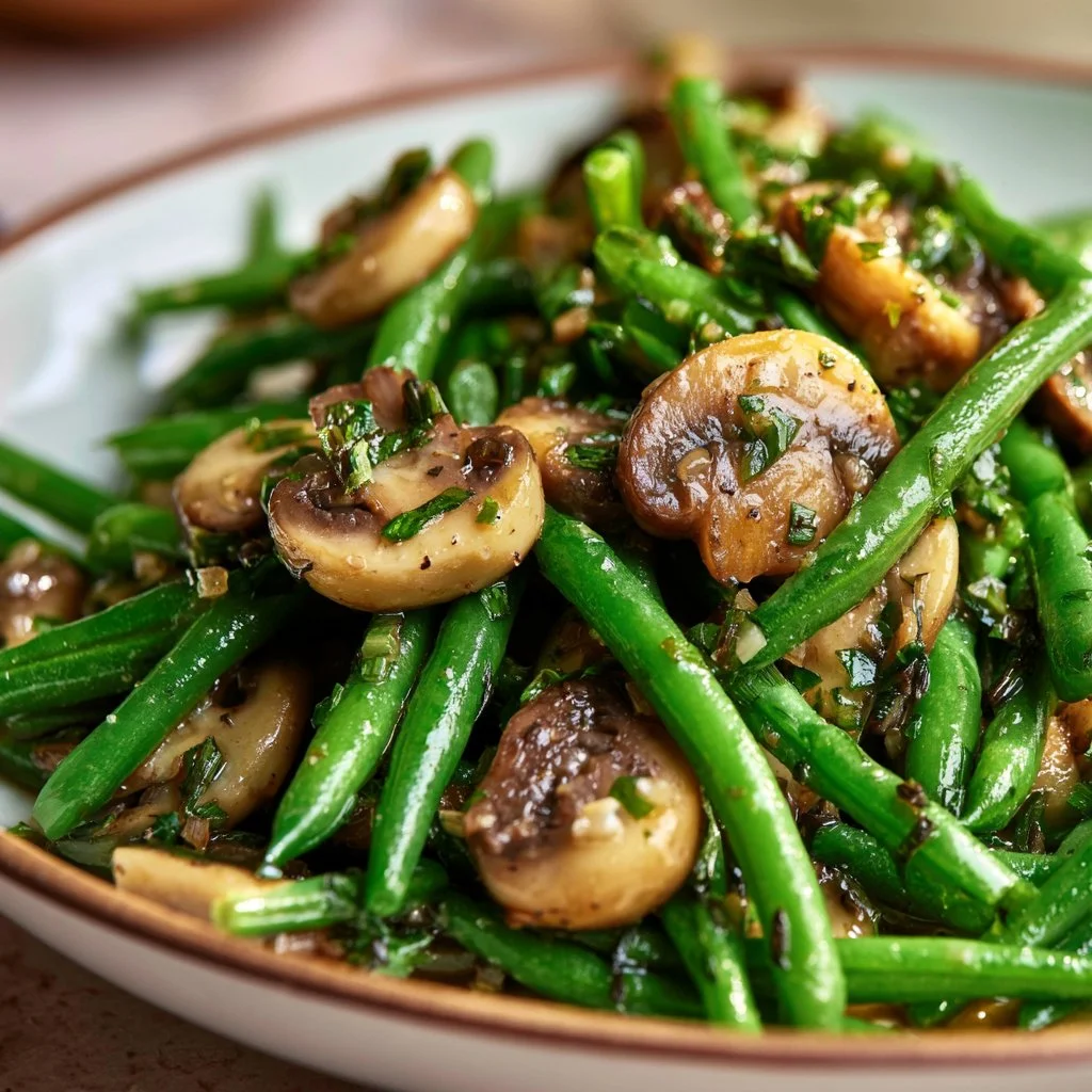 Delicious garlic butter sautéed green beans with mushrooms in a skillet