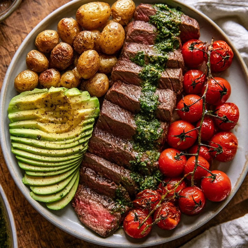 Garlic Herb Steak with Roasted Potatoes and Sliced Avocado on a Plate
