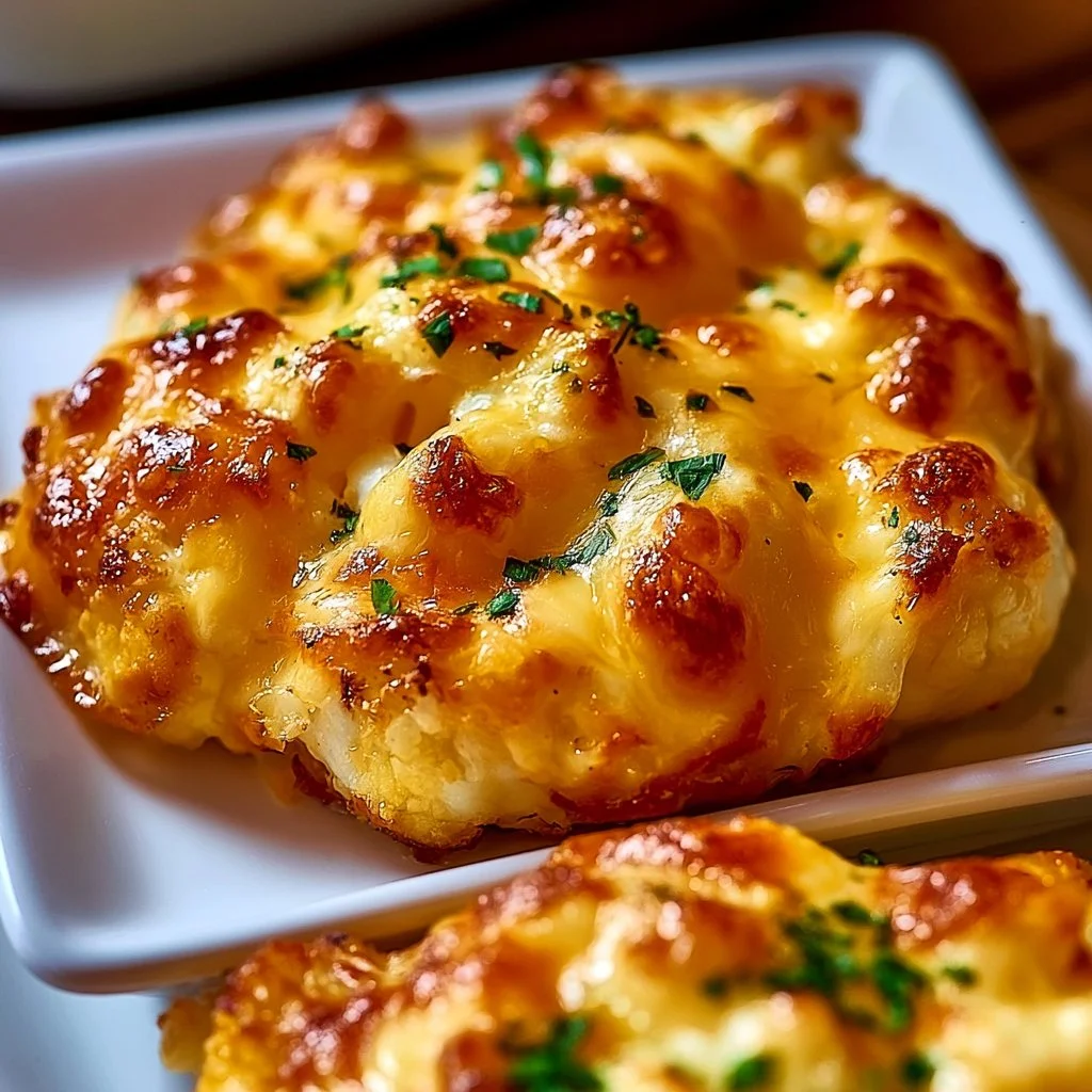 Golden crusted cheesy cauliflower steaks served on a plate