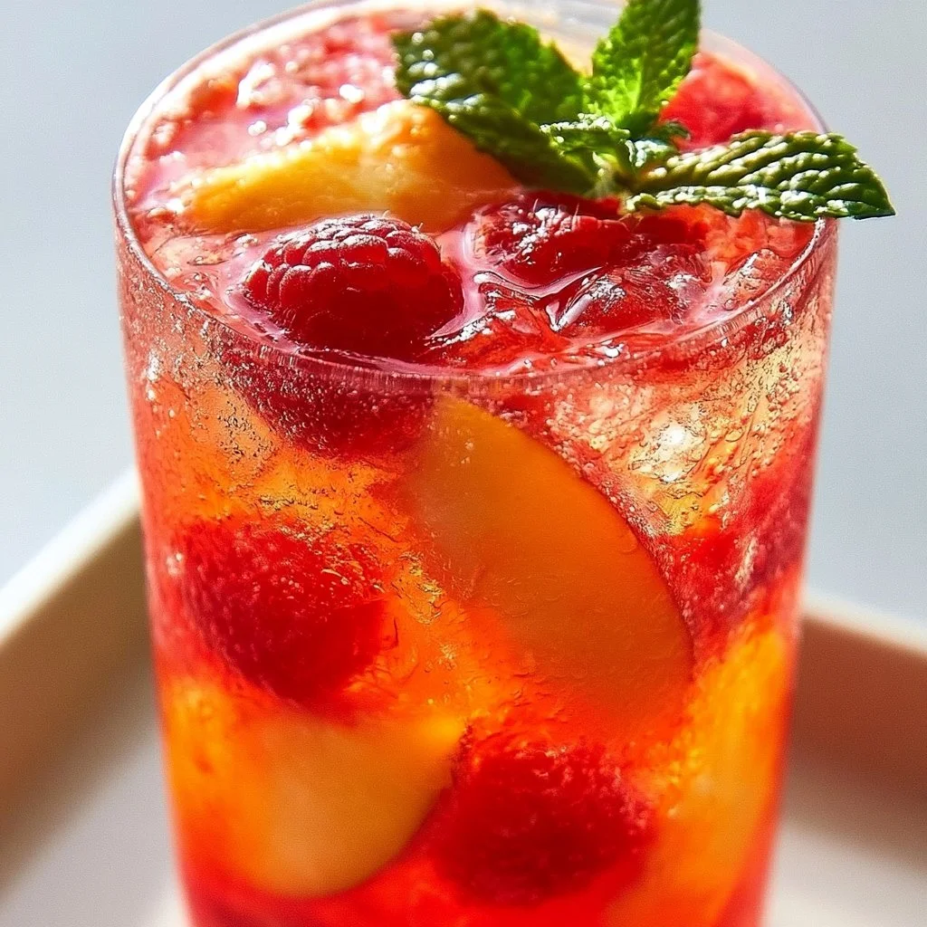 Refreshing homemade raspberry peach lemonade in a glass with fresh fruits
