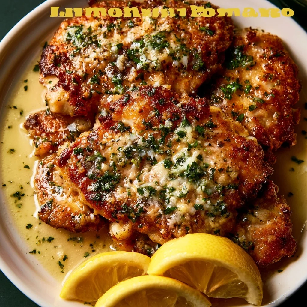 Juicy Lemon Chicken Romano served with a fresh lemon wedge and herbs
