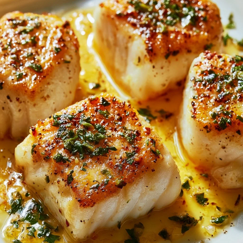 Delicious Lemon Garlic Butter Cod served with fresh herbs and lemon slices