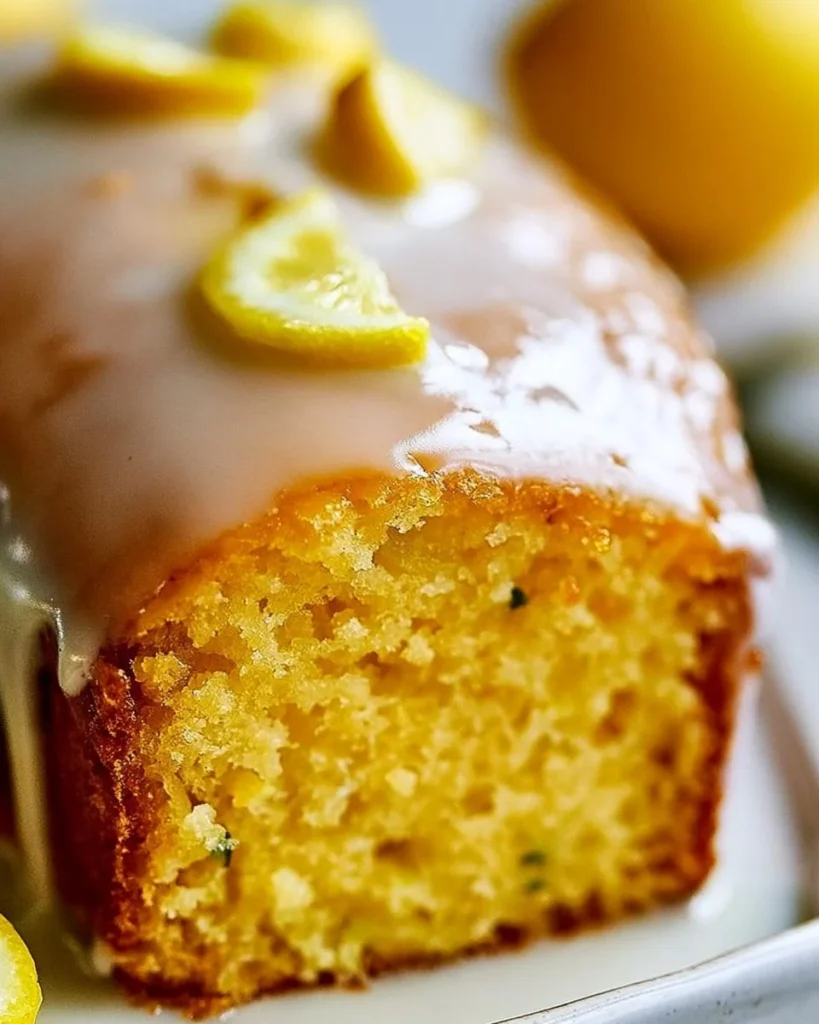Delicious slice of lemon loaf on a plate, garnished with lemon zest.
