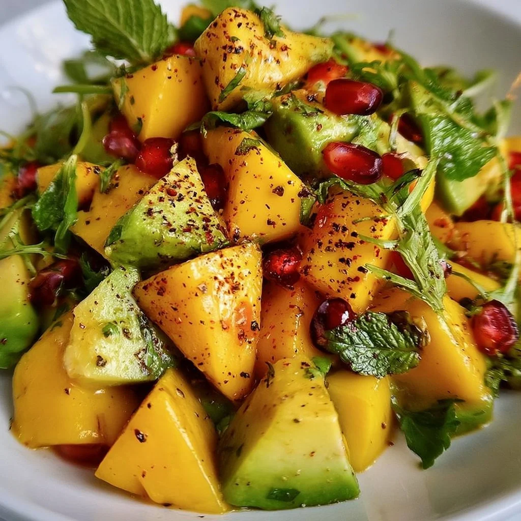 Bowl of vibrant Mango Avocado Salad with fresh ingredients