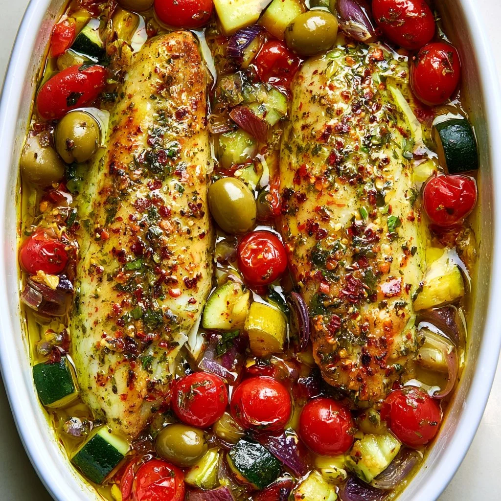 Mediterranean baked fish served with herbs and vegetables