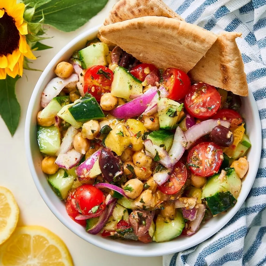 Mediterranean Chickpea Salad for Vegans with colorful veggies and dressing