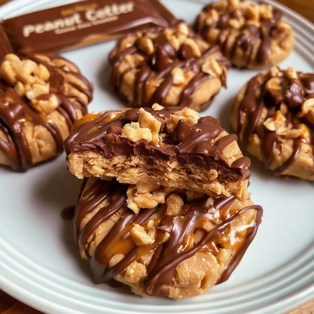 No-bake peanut butter cookies topped with chocolate and caramel drizzles