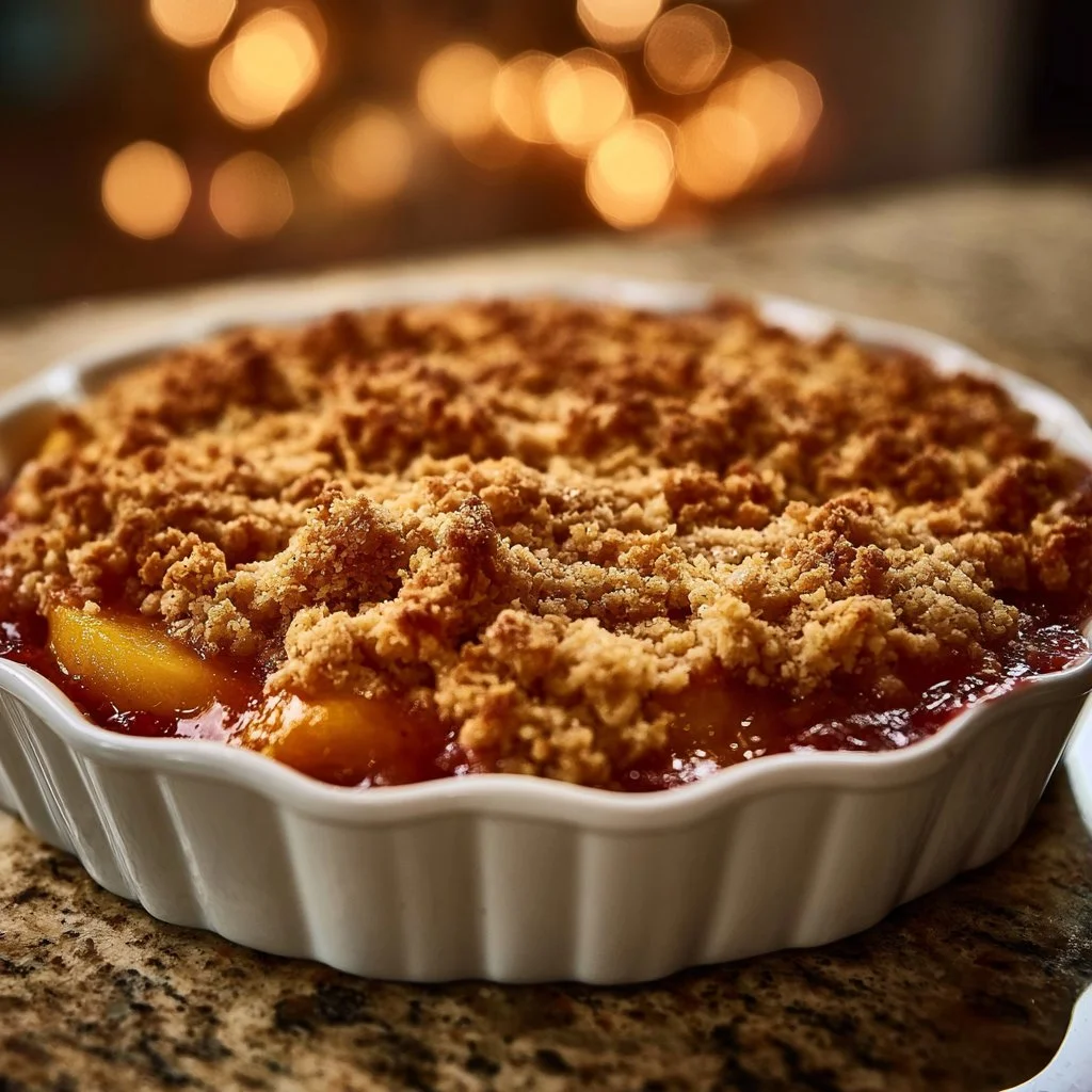 Old-fashioned peach crisp with oats baked to perfection