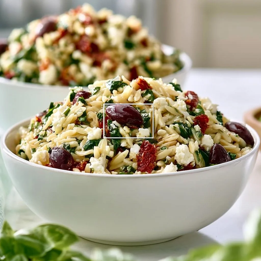 Delicious orzo pasta salad featuring feta cheese and sun-dried tomatoes.