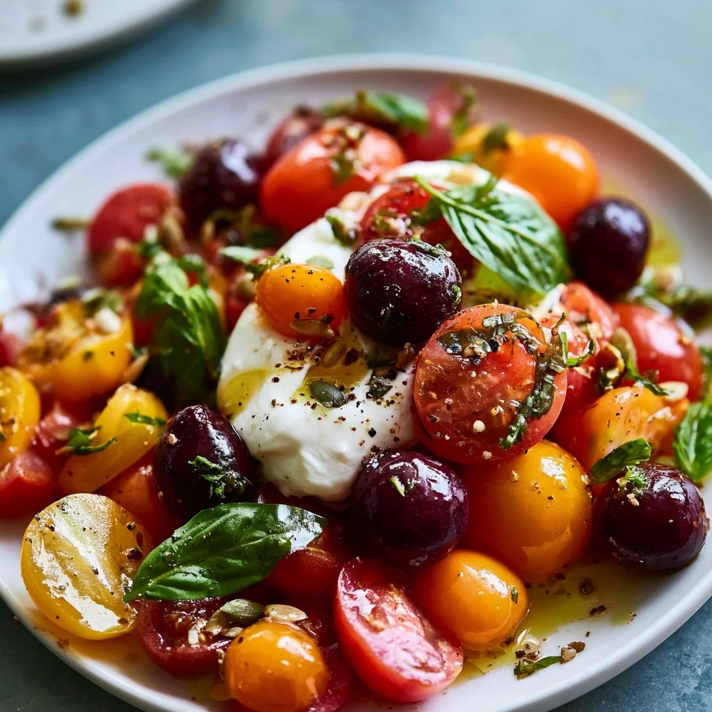 Fresh Peach and Burrata Salad with arugula on a rustic wooden table