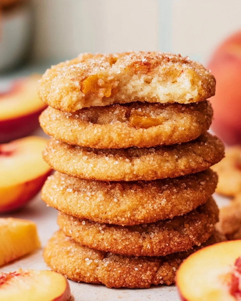 Freshly baked peach cookies with bits of juicy fruit and a golden brown finish.