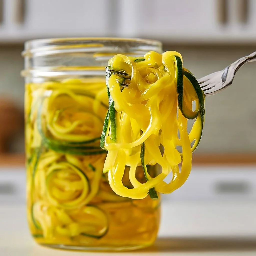 Homemade refrigerator zucchini pickles in a jar on a wooden table
